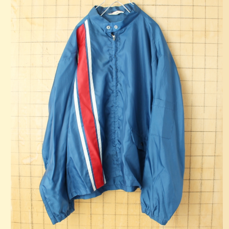 ビッグサイズ 60s 70s USA製 Swingster ナイロンレーシングジャケット メンズ2XL相当 ネイビー ブルー バックプリント アメリカ古着