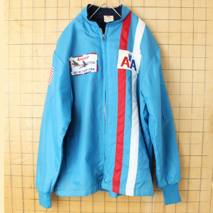 70s 80s USA製 THE GREAT LAKES JACKET ワッペン ナイロンレーシングジャケット ライトブルー メンズS ボアライナー アメリカ古着