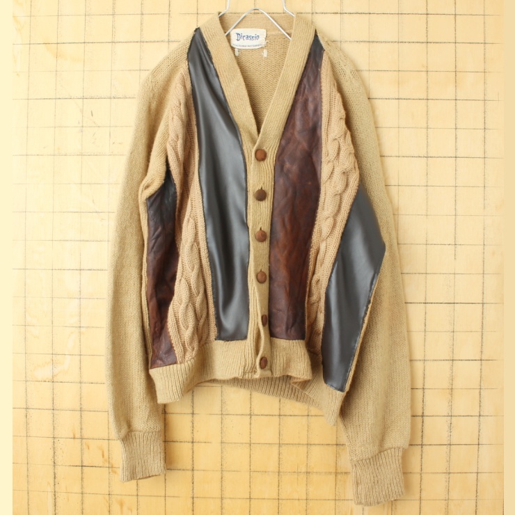 60s 70s USA Dicassio レザー ウールニット カーディガン ベージュ メンズML相当 アメリカ古着