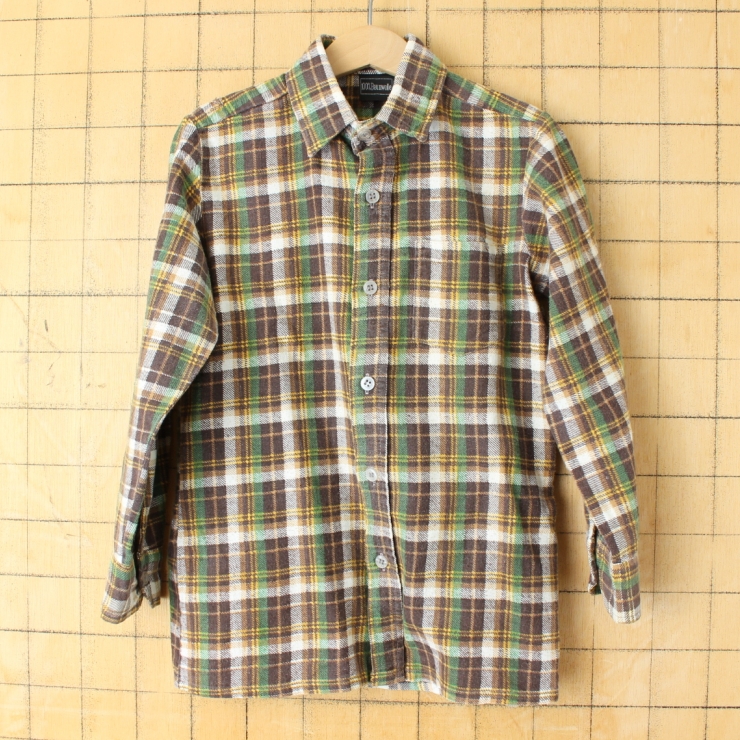 70s 80s EURO キッズ コットンプリントチェックシャツ 140cm相当 ブラウン グリーン ヨーロッパ古着