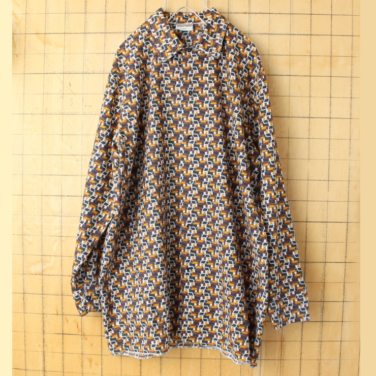 70s 80s EURO permaflott コットン総柄シャツ ブラウン メンズML相当 長袖 ヨーロッパ古着
