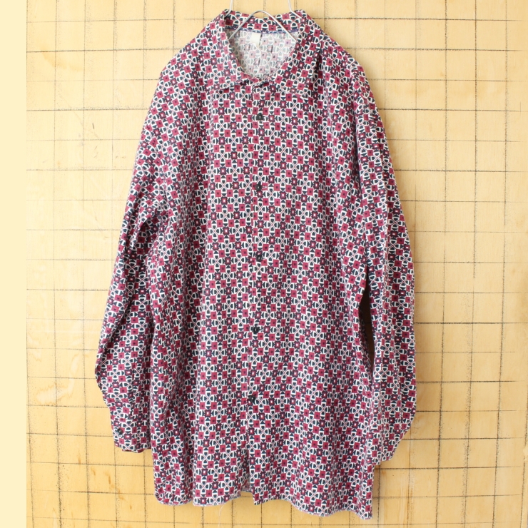 70s 80s EURO コットン総柄シャツ レッド メンズML相当 長袖 ヨーロッパ古着