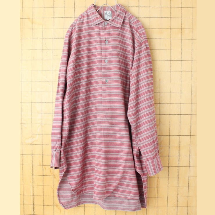 60s 70s EURO Basilea SPORT ボーダーグランパシャツ レッド メンズL相当 長袖 グランドファーザー ヨーロッパ古着