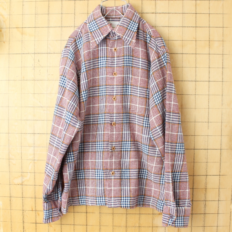 80s 90s USA ENRO アクリルチェックシャツ レッド メンズM 長袖 アメリカ古着