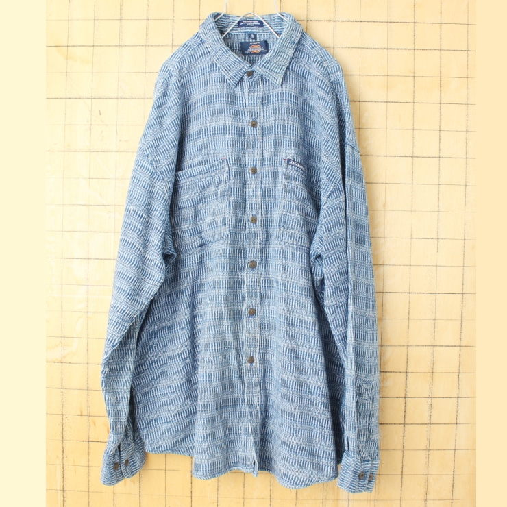 80s 90s USA Dickies ディッキーズ 総柄コットンニットシャツ ブルー メンズXL 長袖 アメリカ古着
