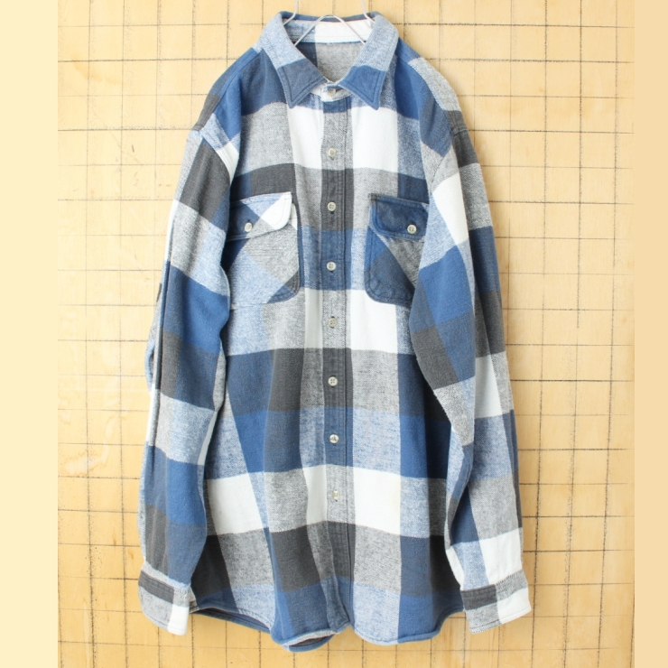 80s 90s USA ヘビーフランネル ブロックチェックシャツ ブルー ブラック メンズXL相当 長袖 アメリカ古着