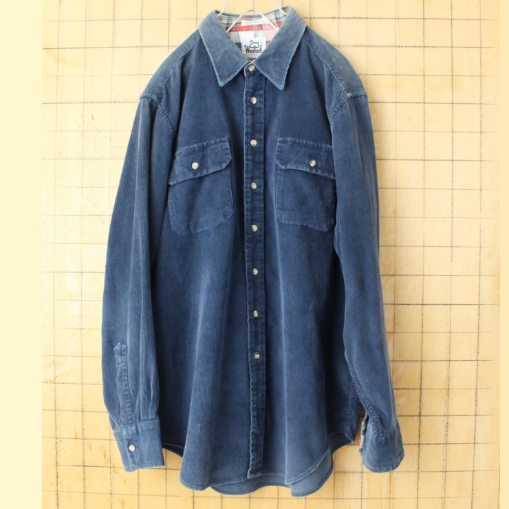 80s USA Woolrich ウールリッチ コットンコーデュロイシャツ ネイビー メンズL 長袖 アメリカ古着