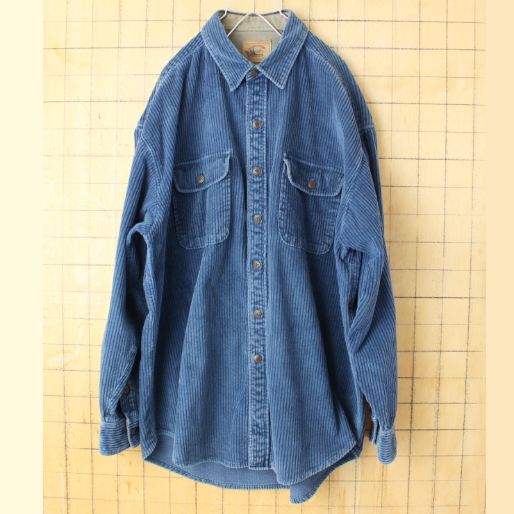 80s 90s USA ST JOHN'S BAY 太畝コーデュロイシャツ ネイビー ブルー メンズL 長袖 アウトドア アメリカ古着