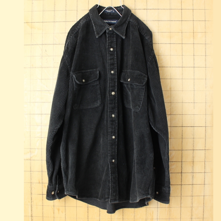 ビッグサイズ 80s 90s USA BRITCHES 太畝コーデュロイシャツ ブラック メンズL 長袖 アウトドア アメリカ古着