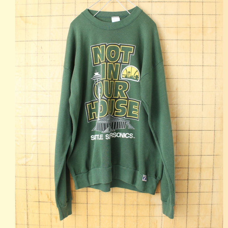 90s USA製 LOGO7 Seattle Super Sonics Not in our house NBA プリントスウェット グリーン メンズXL アメリカ古着