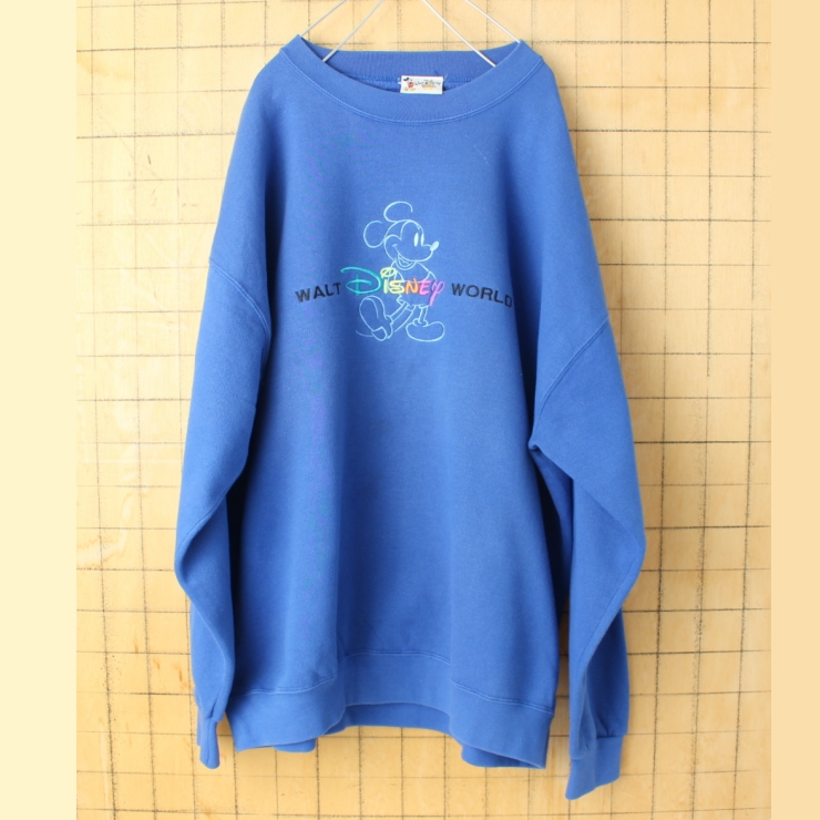 90s USA製 WaltDisneyWorld ミッキー スウェット ブルー メンズXL 刺繍 アメリカ古着
