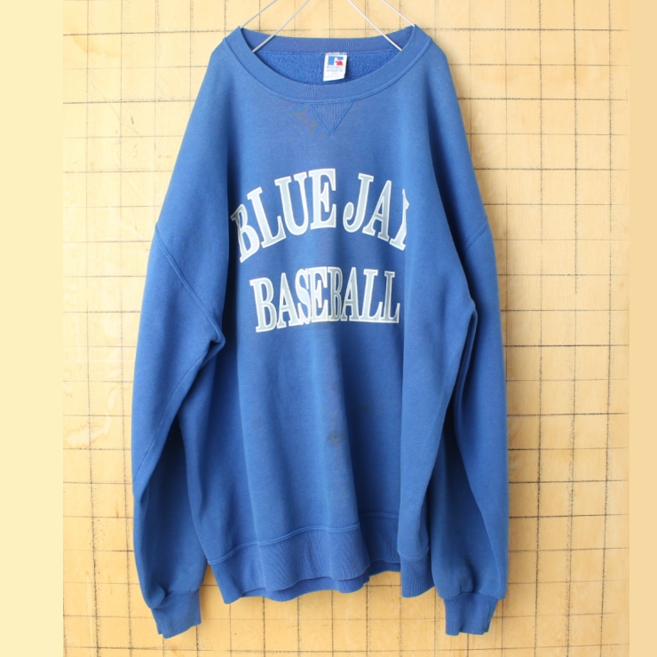ビッグサイズ 90s USA製 RUSSELL ATHLETIC BLUE JAY BASEBALL 両面プリントスウェット ブルー メンズXXL アメリカ古着