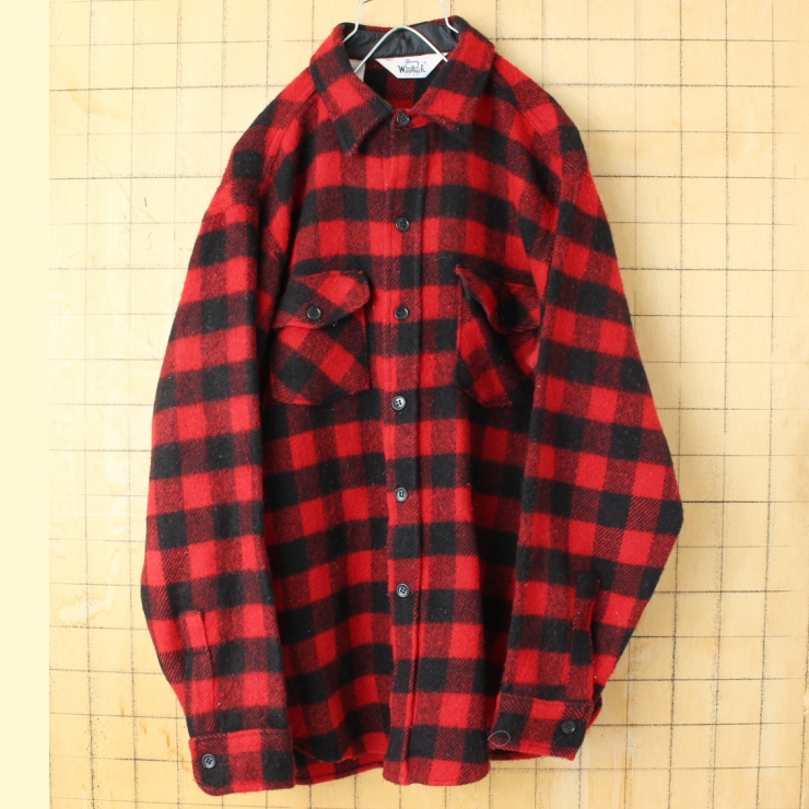 70s 80s USA製 Woolrich ウールリッチ ブロックチェックウールシャツ レッド ブラック メンズL 長袖 アメリカ古着