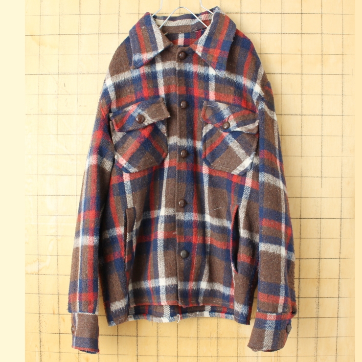 70s 80s USA チェックウールジャケット メンズM ブラウン レッド アメリカ古着