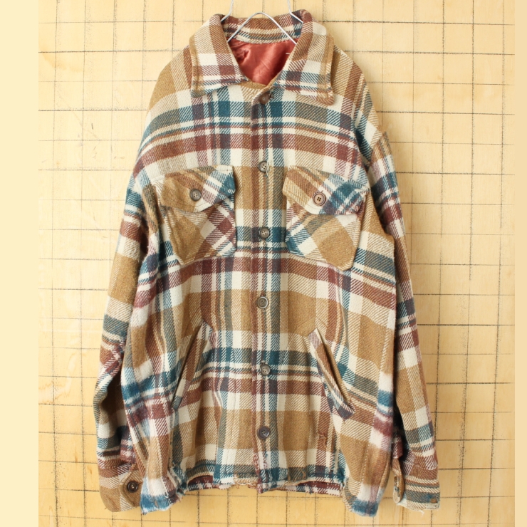 60s 70s USA チェックウールジャケット メンズL相当 ベージュ ブラウン アメリカ古着