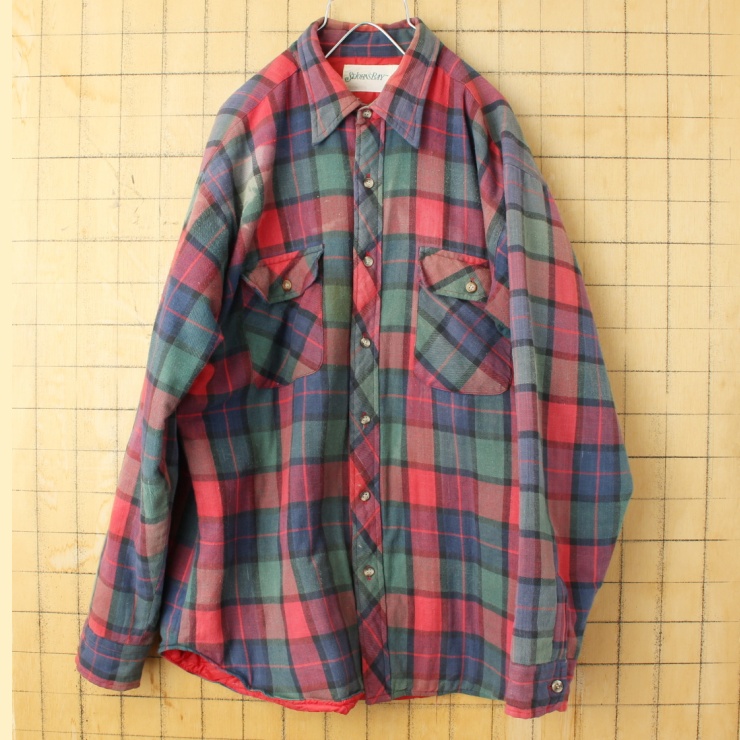 80s 90s USA ST JOHN'S BAY キルティングライナー チェック シャツ レッド グリーン メンズL 長袖 アメリカ古着