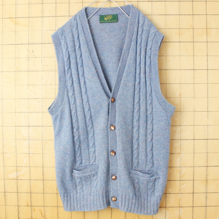 80s 90s USA製 COUNTRY SOUTRE JANTZEN ウールニット 前開き ベスト メンズM ブルー アメリカ古着