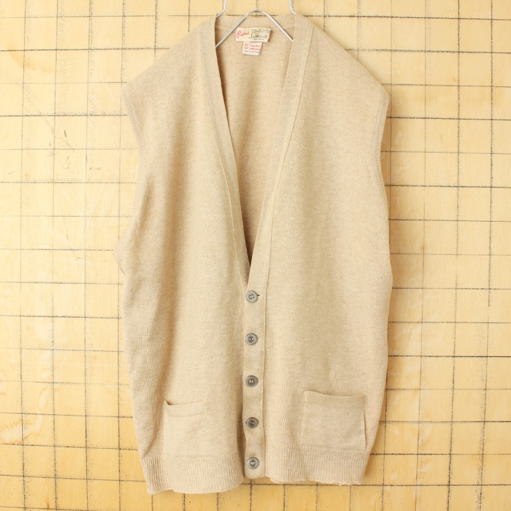 60s 70s SCOTLAND製 Barrie ラムウールニット 前開き ベスト メンズML相当 ベージュ ヨーロッパ古着