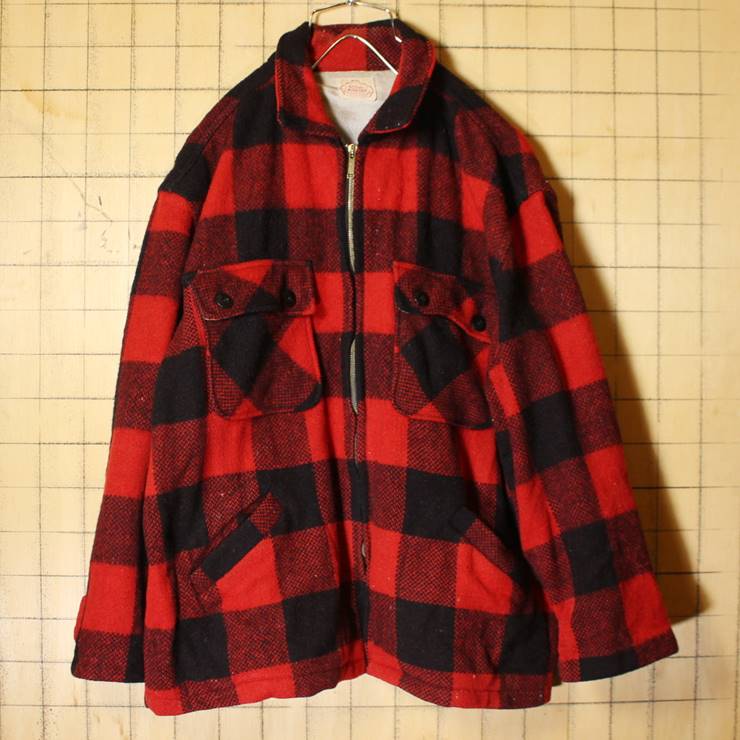 50s 60s USA製 ROOMY RICHARD バッファローチェック ウール ジャケット メンズXL相当 レッド ブラック COATS CLARKジップ 古着