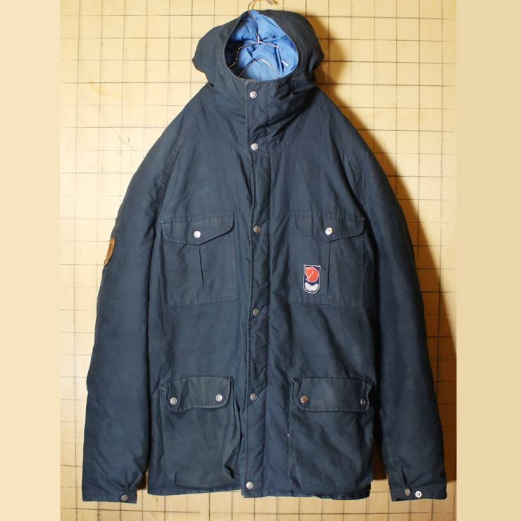 ジッパーダメージ 70s 80s FJALL RAVEN フェールラーベン ダウン ジャケット メンズL相当 ネイビー ブルー フード付 アウトドア 古着