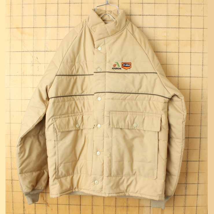 70s 80s USA製 K-BRAND ASGROW 中綿 ジャケット ベージュ メンズM 刺繍 アメリカ古着