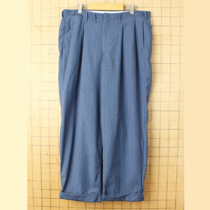 70s 80s USA ストライプ ウール ワイド パンツ スラックス ネイビー W37 5ポケット CONMAR アメリカ古着