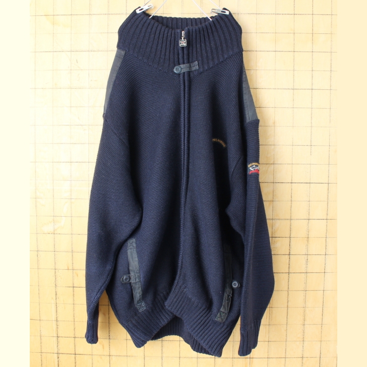 80s 90s ITALY製 PAUL&SHARK ジップアップ ウールヘビーウェイトカーディガン ネイビー メンズM ヨーロッパ古着