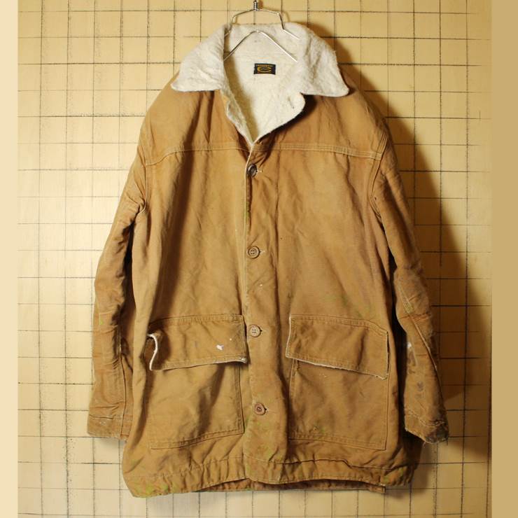 60s USA製 Carhartt カーハート 古着 ブラウン ダックジャケット 裏ボア メンズL相当 カバーオール Cマーク 黒タグ ダメージ