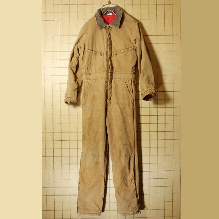 60s-70s USA製 キッズ ダック つなぎ オールインワン ブラウン 裏キルティング キッズ140cm相当 TALON 古着 子供服
