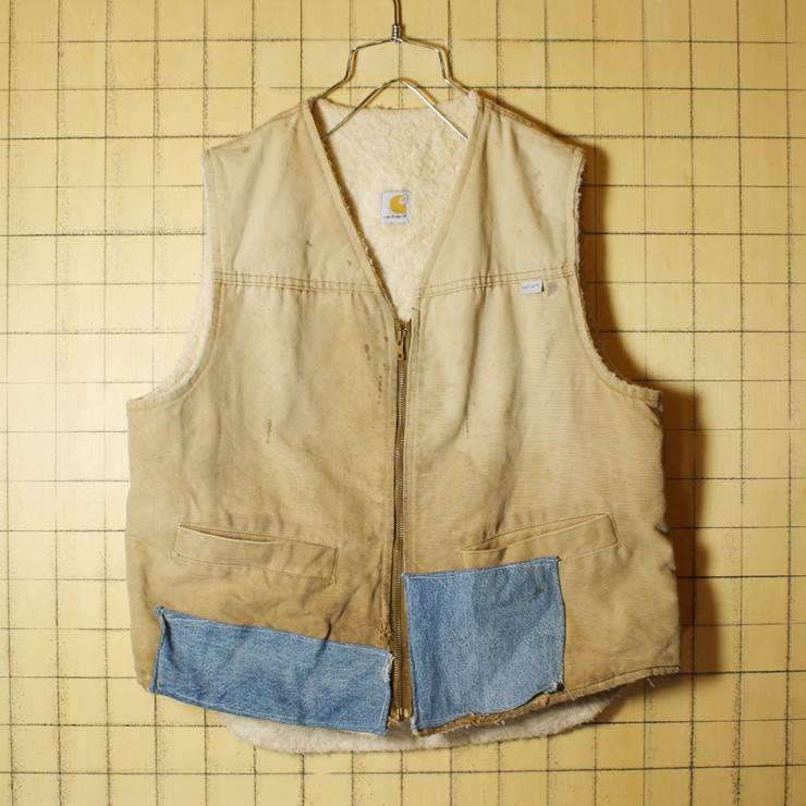 USA製 70s-80s Carhartt カーハート ダックベスト 裏地 ボアライナー メンズL 古着 ライトブラウン ハンティング