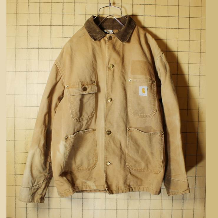 80s-90s USA製 Carhartt カーハート カバーオール ブラウン ダックジャケット 裏ブランケット メンズXL相当 古着 ダメージ