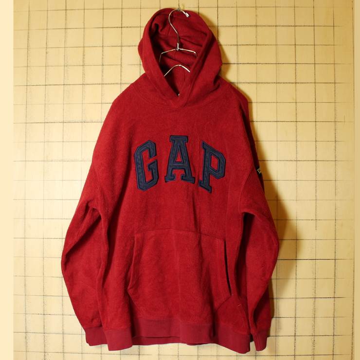 90s OLD GAP ワッペン フリース パーカー レッド フード スウェット メンズML相当 古着