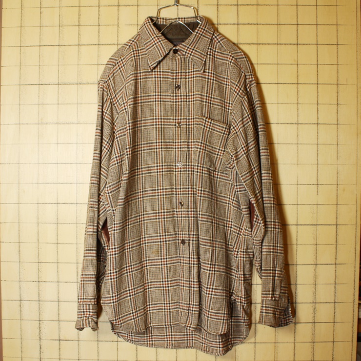 70s USA製 PENDLETON ペンドルトン ウール チェック シャツ ブラウン ベージュ 長袖 メンズM エルボーパッチ 古着