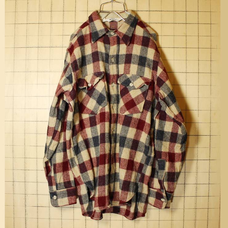 70s USA製 Woolrich ウールリッチ ウール チェック シャツ ベージュ エンジ 長袖 メンズM 古着