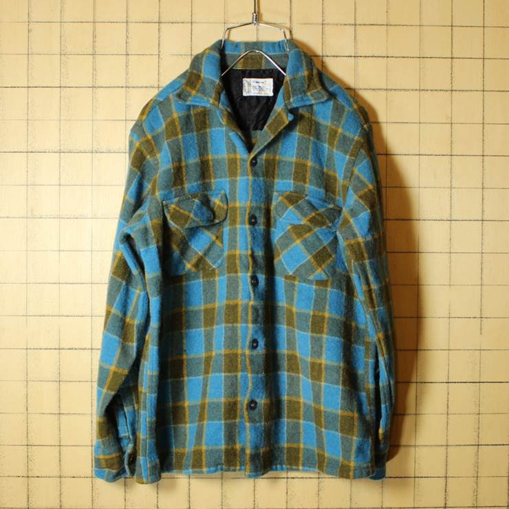 PENNEYS TOWN CRAFT 60s ウール ボックス オープンカラー シャツ メンズS相当 古着 ブルー チェック 開襟 made in JAPAN