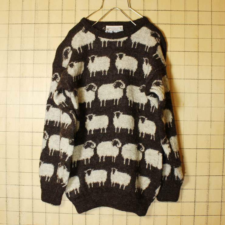 Euro Westmorland Knitwear ひつじ柄 ウール ニット セーター メンズS相当 総柄 クルーネック ブラウン ヨーロッパ古着