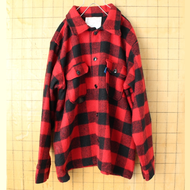80s 90s CANADA製 THERMO KiNG ブロックチェック ボックスシルエットウールシャツ レッド ブラック メンズXL 長袖 アメリカ古着