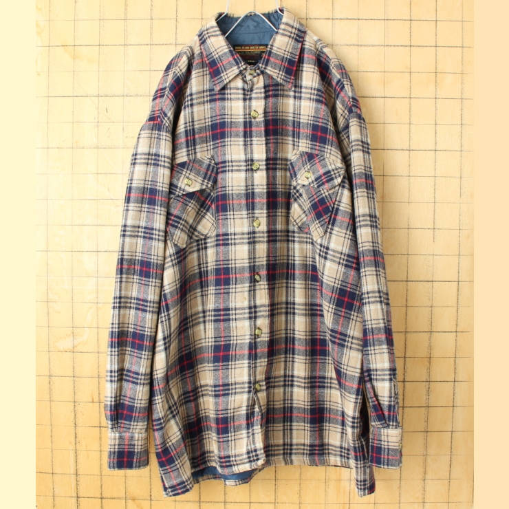 ビッグサイズ 80s 90s USA MONTGOMERY WARD キルティングライナー チェックウールシャツ ベージュ メンズXL 長袖 中綿 アメリカ古着
