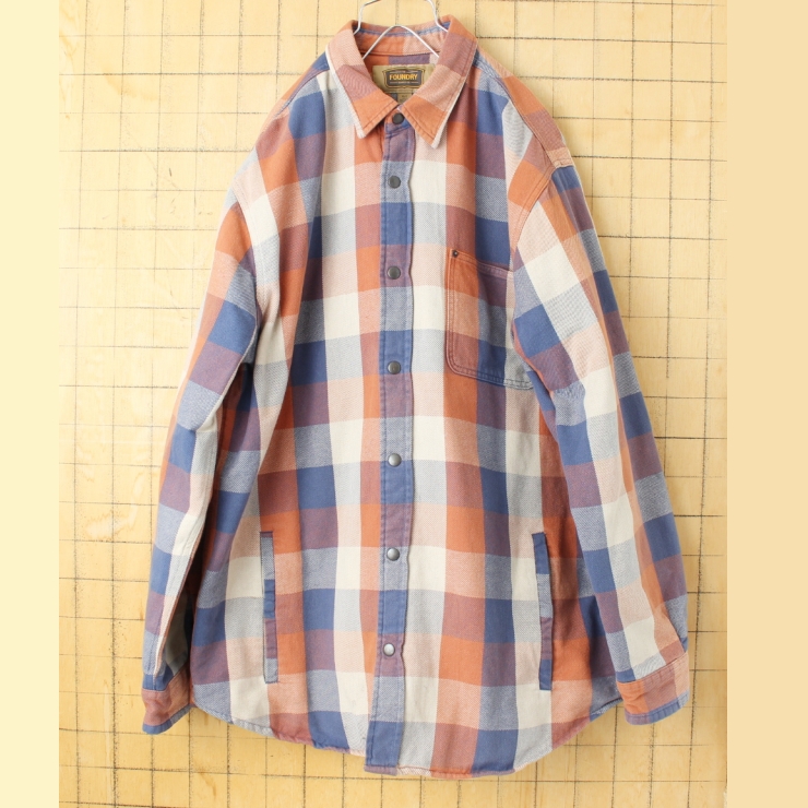 90s 00s USA THE FOUNDRY キルティングライナー チェックシャツ オレンジ ブルー メンズXL 長袖 中綿 アメリカ古着