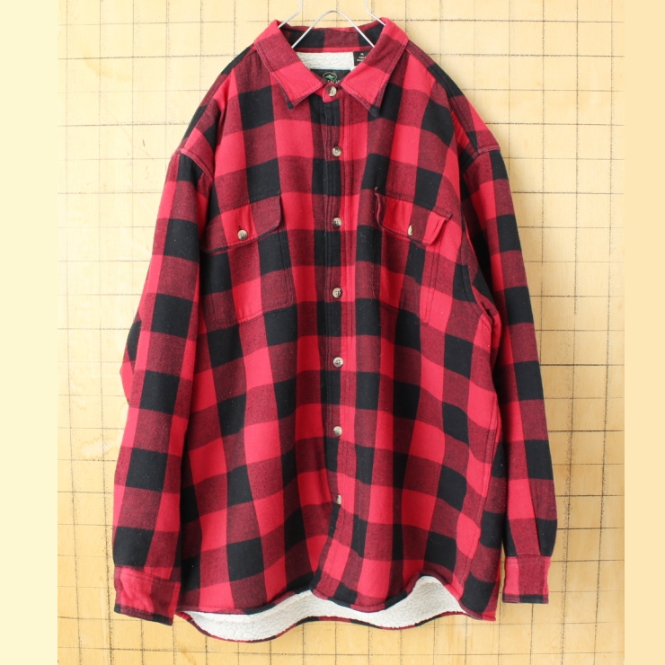 ビッグサイズ 90s 00s USA RED HEAD ボアライナー ブロックチェックシャツ レッド ブラック メンズXL 長袖 中綿 アメリカ古着