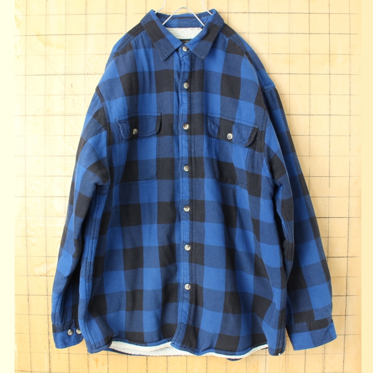 90s 00s USA RED HEAD ボアライナー ブロックチェックシャツ ブルー ブラック メンズL 長袖 アメリカ古着