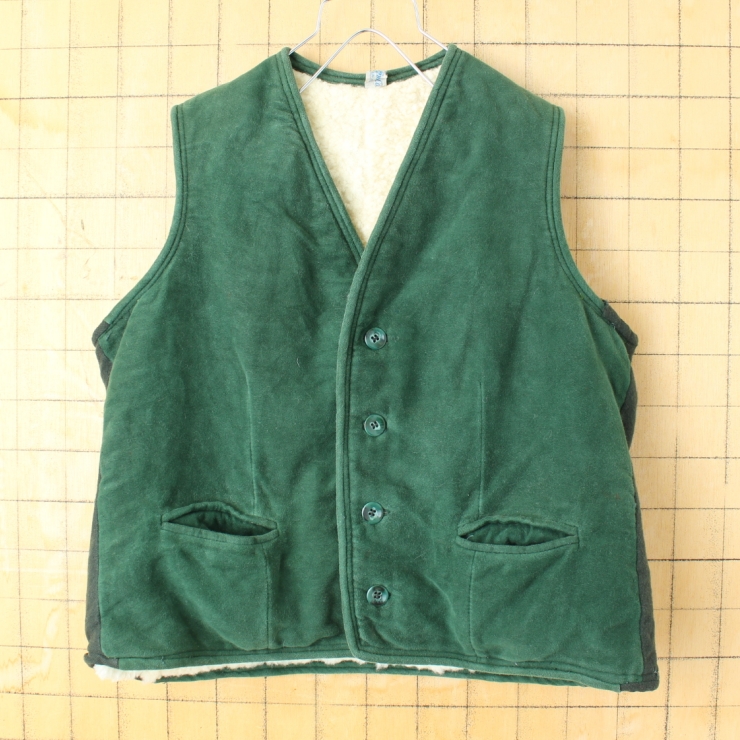 60s 70s ドイツ ウールボアライナー コットンワークベスト メンズM相当 グリーン アウトドア ユーロ ヨーロッパ古着