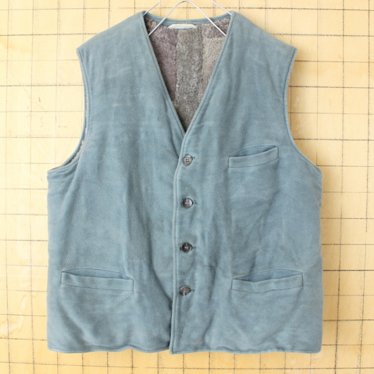 60s 70s ドイツ ウールボアライナー コットンワークベスト メンズM相当 ブルーグレー アウトドア ユーロ ヨーロッパ古着