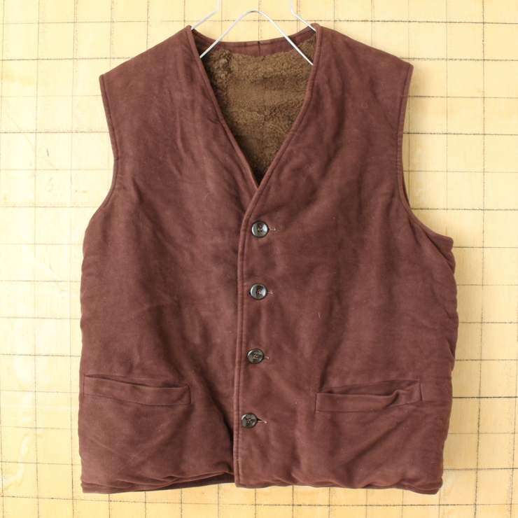 60s 70s ドイツ ウールボアライナー コットンワークベスト メンズS相当 ブラウン アウトドア ユーロ ヨーロッパ古着