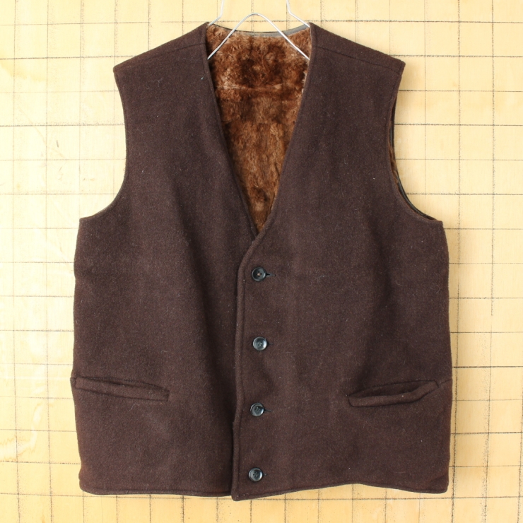 60s 70s ドイツ リアルファーライナー ウールワークベスト メンズML相当 ブラウン アウトドア ユーロ ヨーロッパ古着