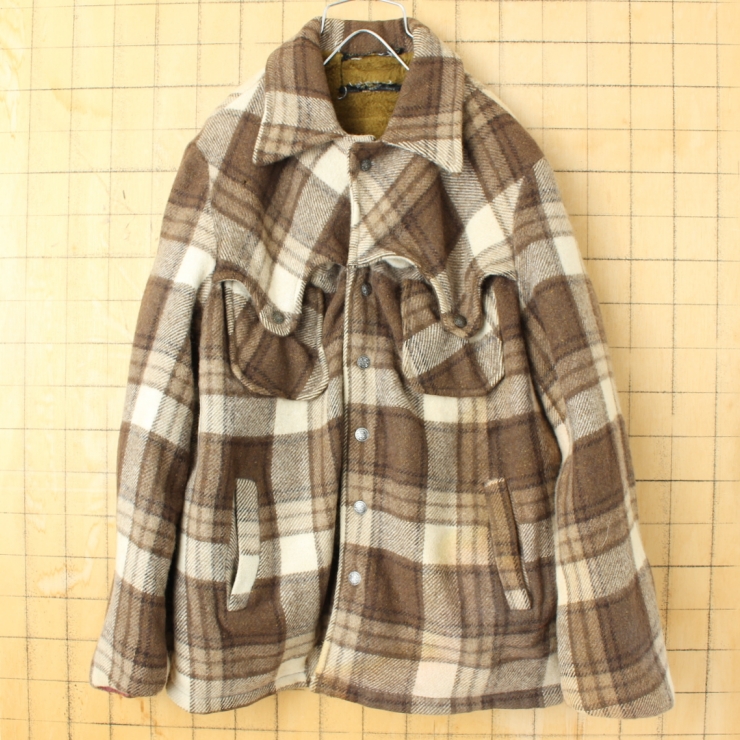 60s 70s CANADA製 John David チェックウールジャケット メンズML相当 ブラウン アメリカ古着
