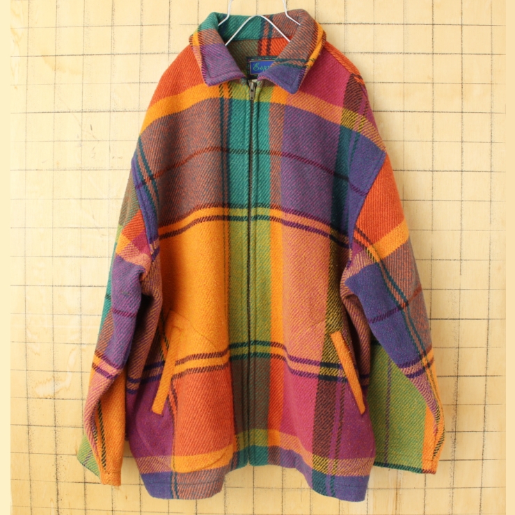 80s 90s USA Esprit ジップアップ チェックウールジャケット メンズS オレンジ ブルー アメリカ古着