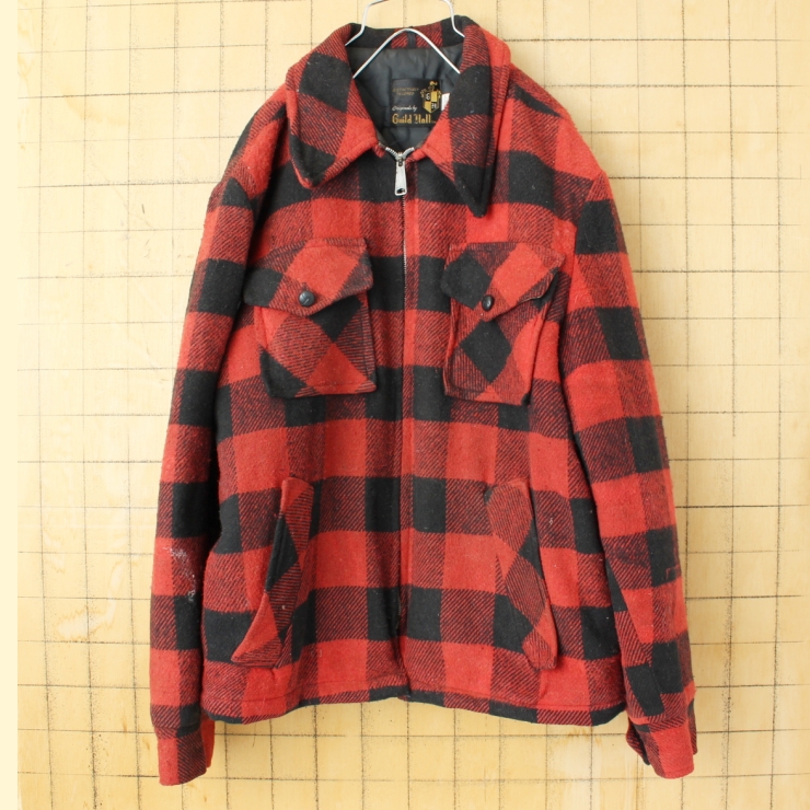 60s 70s USA Guild Hall ブロックチェックウールジャケット メンズL相当 レッド ブラック アメリカ古着