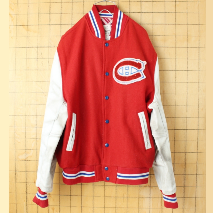 90s CANADA製 NHL HOCKEY JACKETS CANADIENS 袖レザー ウールスタジャン レッド メンズXL スタジアムジャケット アメリカ古着