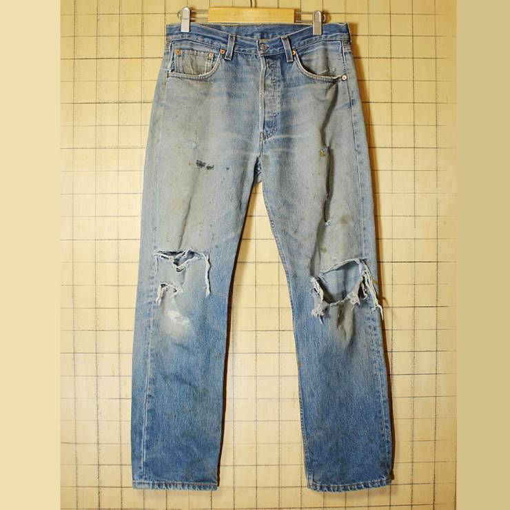 USA製 Levis リーバイス 501 クラッシュ デニム パンツ ブルー W32 ダメージ ジーンズ 古着